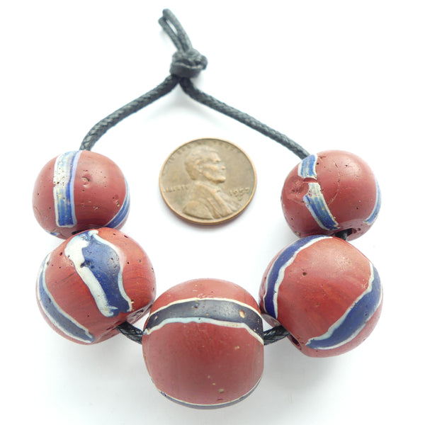 Lampwork, Antique Venetian, Brown Large Round Bead with Blue/White Stripes, Set of 5