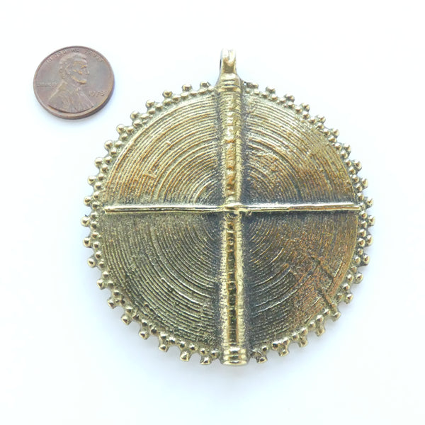 Brass, African Inspired Large Disc Pendant, 2.5 inches Diameter