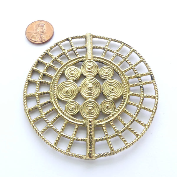 Brass, African Inspired Large Disc Bead with Spirals, 3 inches Diameter