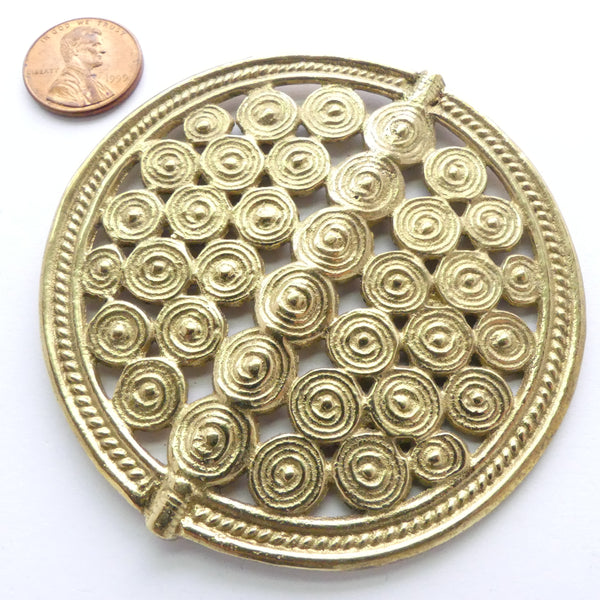 Brass, African Inspired Large Disc Bead, Circles Design, 3 Inches Diamaeter