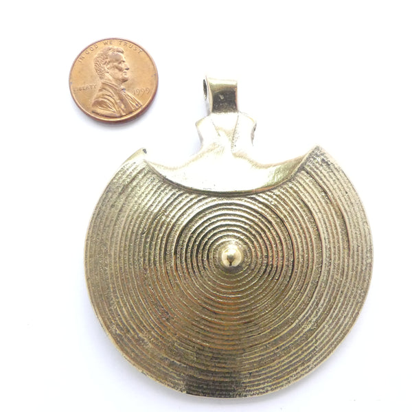 Brass, African Inspired Convex Round Pendant with Cap, 2.5 Inch Diameter