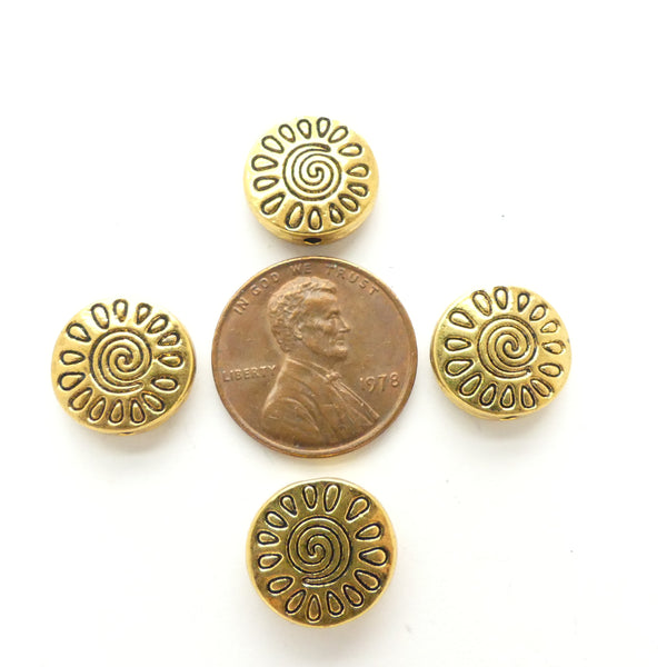 Brass, Cast Coin Shape Beads with Spiral Sun Design, 13mm Diameter, Sold by the Set of 4