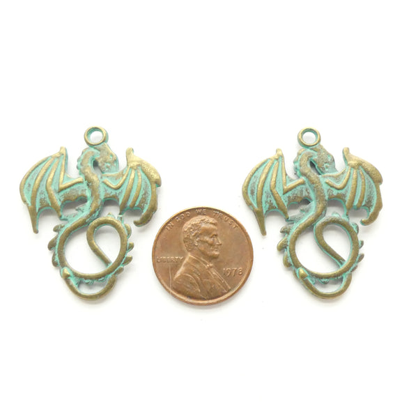 Brass, Dragon Pendant with Blue Green Patina, 35mm Including Loop, Sold by the Pair