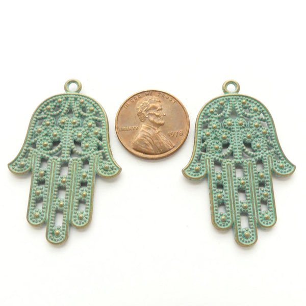 Brass, Hamsa, Filigree with Green Patina, 42mm Long