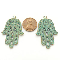 Brass, Hamsa, Filigree with Green Patina, 42mm Long