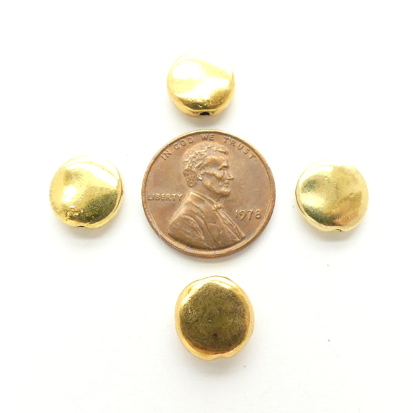 Gold Tone, Cast Smooth Coin Shape Beads, 10mm Diameter, Sold by the Set of 4