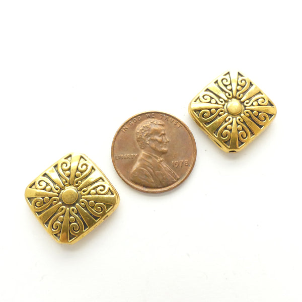 Gold Tone, Cast Diamond Shape Beads with Designs on Both Sides, 20mm, Sold by the Pair