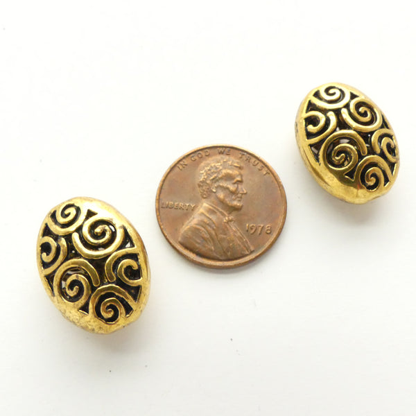 Gold-tone, Large Puffy Oval Beads with Spiral Design, 18x13mm, Sold Individually