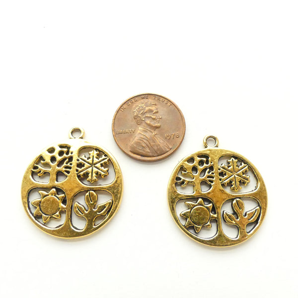 Gold Tone, Cast Seasons Pendant, 25mm Diameter, Sold by the Set of 2