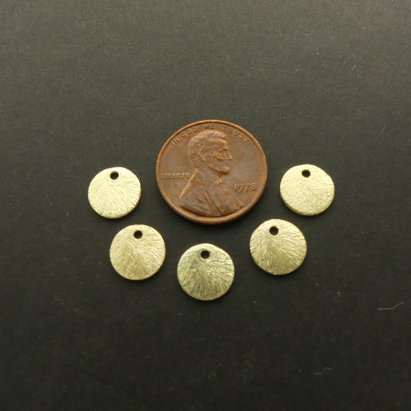 Brushed Gold Finished Micro Pendants, Flat Round 9mm Diameter, Sold in Sets of 5