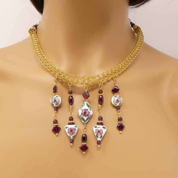 Viking Knit Collar with Garnet and Vintage Cloisonne Beads, Adjustable to 18"