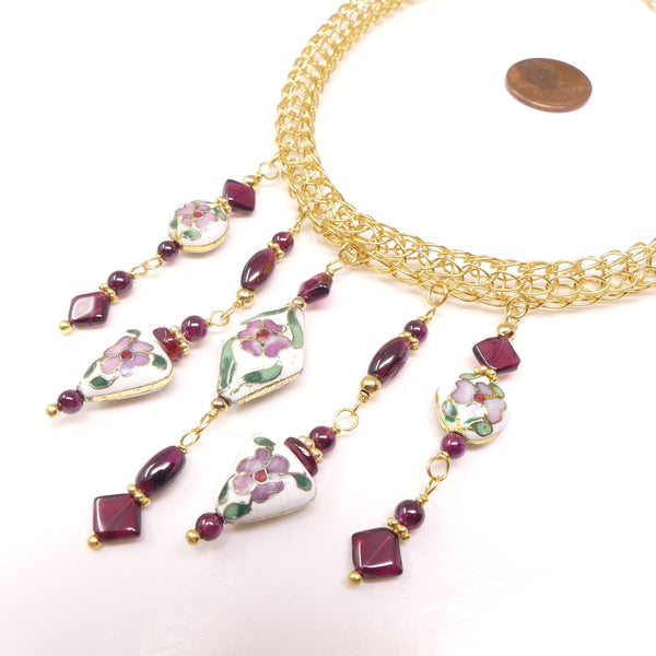 Viking Knit Collar with Garnet and Vintage Cloisonne Beads, Adjustable to 18"