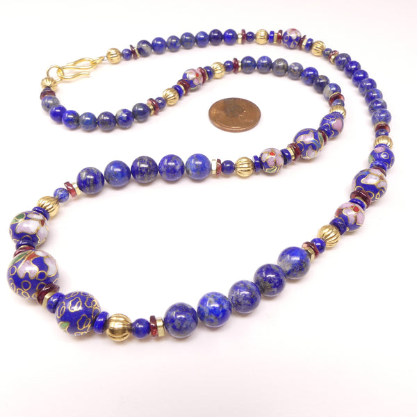Deep Blue 8 & 6mm Lapis Lazuli Beads Surround Vintage Blue Cloisonne and Gold, 24 inches