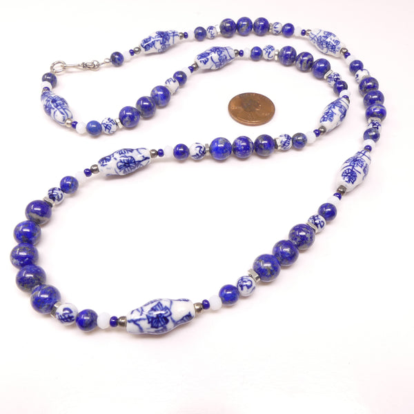Classic Blue and White Porcelain Beads Paired with Lapis Lazuli and Silver, 26 inches