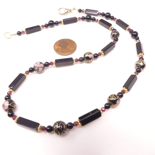 Delicate Black, Garnet and Gold Necklace with Vintage Cloisonne, 18 inches