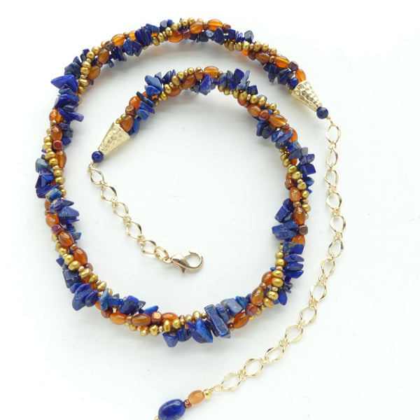 Twist Necklace, Delicate Mix of Lapis Chips, Gold Pearls & Carnelian, Adjusts 19-24 inches