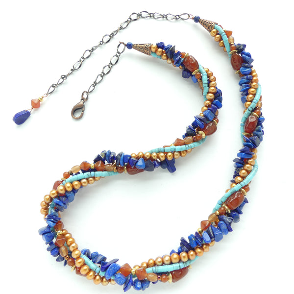Twist Necklace, Vibrant Mix of Lapis, Turquoise, Gold Pearls & Carnelian Glass, Up to 25-inches