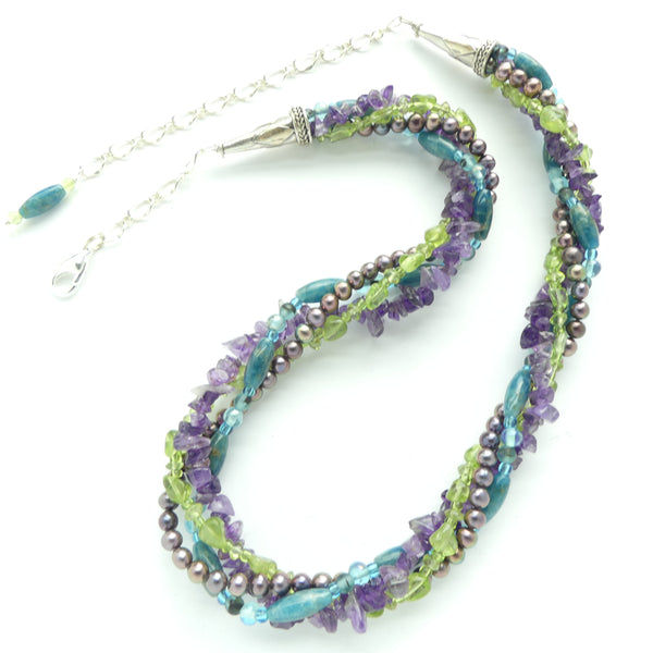 Twist Necklace with Amethyst, Peridot, Apatite, Purple Pearls & Glass, Adjusts from16-22-inches