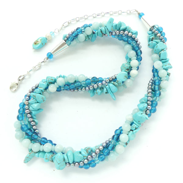 Twist Necklace of Brilliant Turquoise Chips, Amazonite, Silver Pearls & Aqua Glass, Adjustable 18-21 Inches