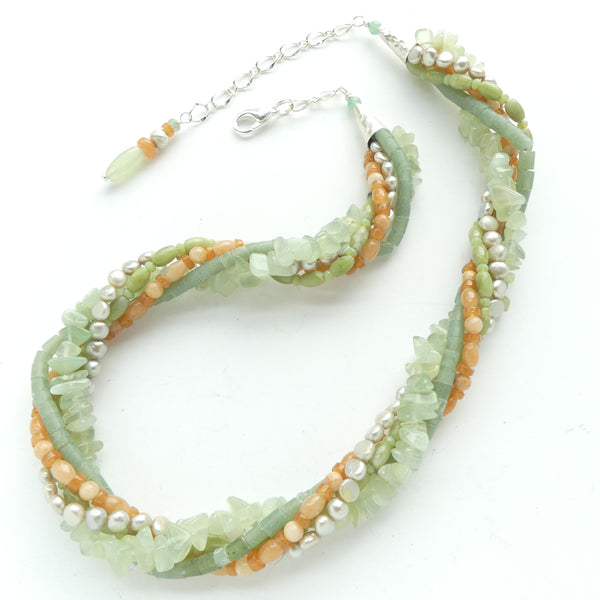 Twist Necklace in Soft Spring Green Serpentine, Red Aventurine & Silver Pearls, 16-20 Inches