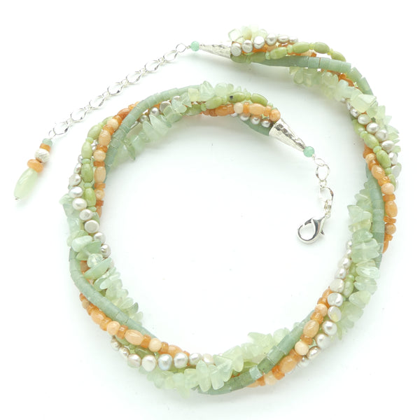 Twist Necklace in Soft Spring Green Serpentine, Red Aventurine & Silver Pearls, 16-20 Inches
