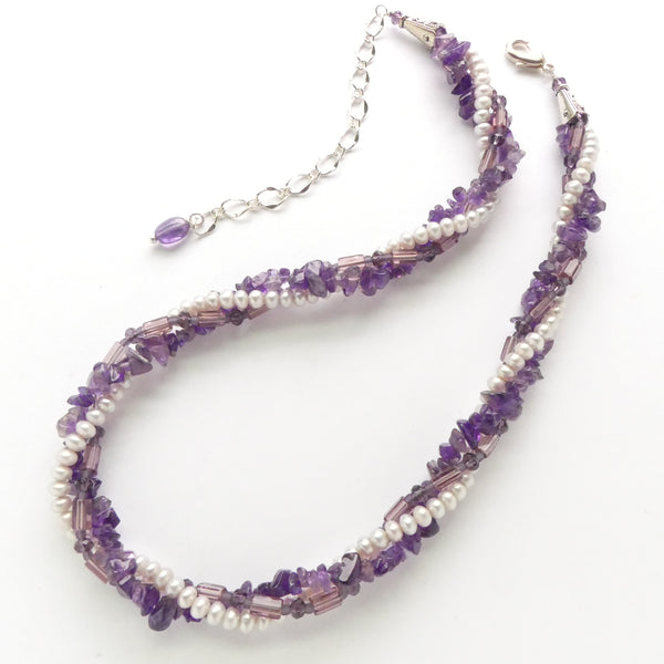 Gems & Pearls Twisted Necklace, Amethyst Stone & Glass with White Pearls, 19 inches