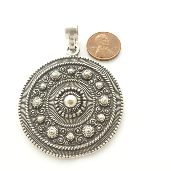 White Metal, Turkish Large Pendant Decorated with Circles, 2.75 inches Long Including Bail