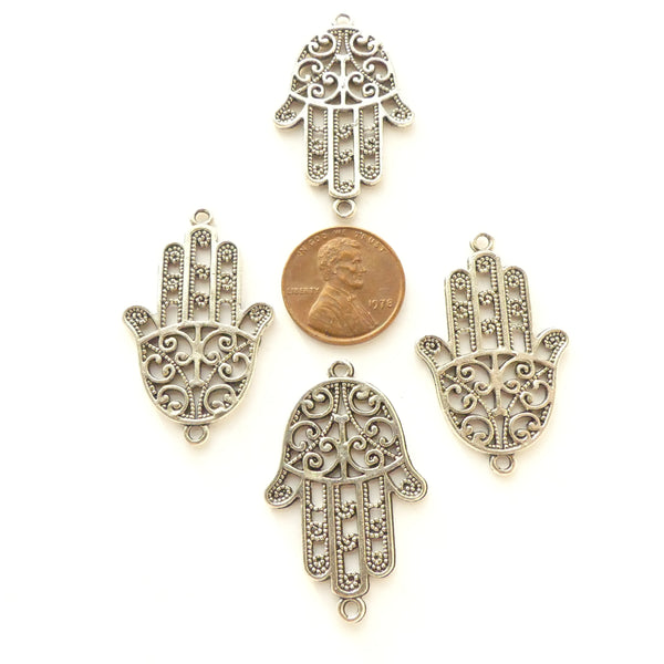 White Metal, Hamsa, Filigree, Loops at Both Ends, 37mm Long, Sold by Set of 4