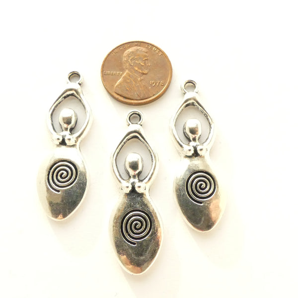 White Metal, Spiral Goddess Pendant, 39mm Long Including Loop, Sold by the Set of 3