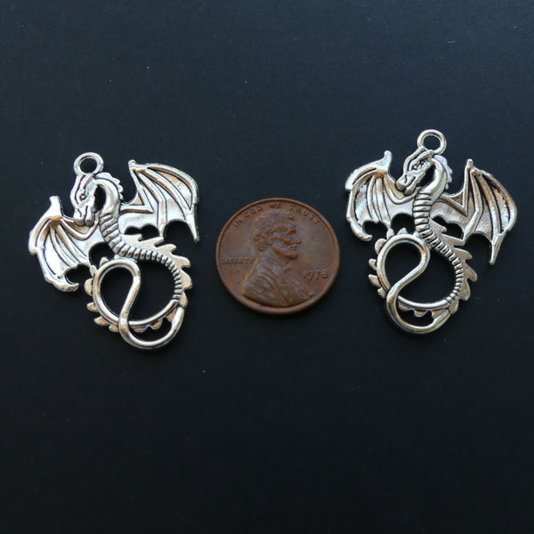 Pendants, Medium Cast Silver Tone,  Friendly Dragons, 35mm including loop, Sets of 2