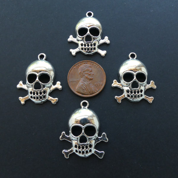 Skull and Cross Bones Pendant, Silver Plated, 22x26mm, Sold by the Set of 4