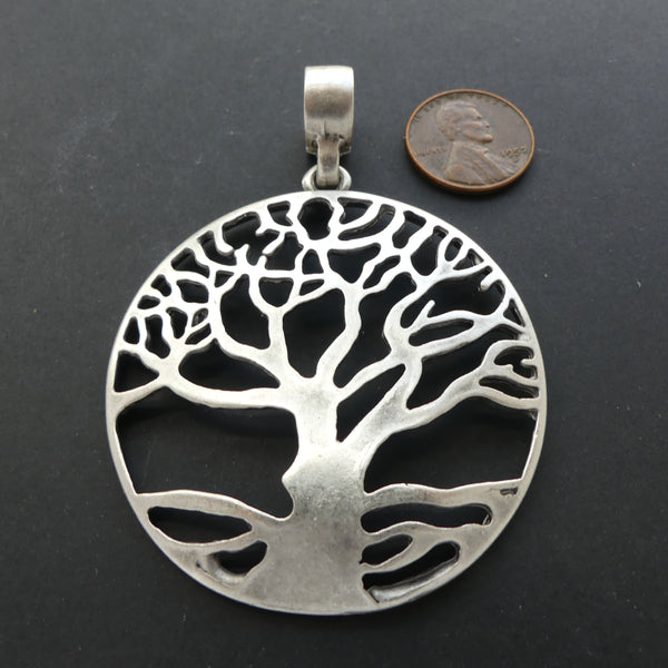 Pendant, Extra Large, Round Cast White Metal Tree of Life,  2-inch Diameter