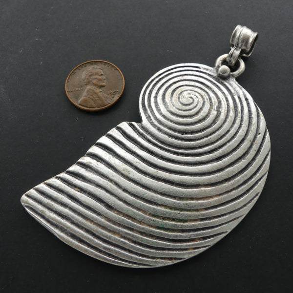 Pendant, Large Turkish White Metal Spiral Shell/Wave Design, 3 inches long with large bail