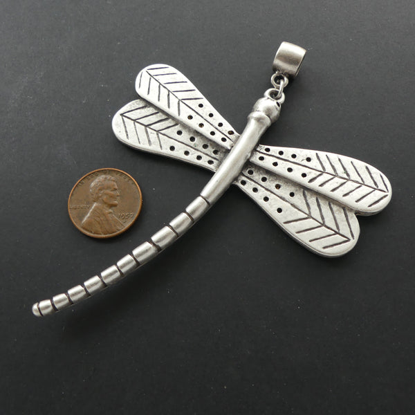 Pendant, Turkish Cast White Metal Dragonfly, 4 Inches Long with Large Bail