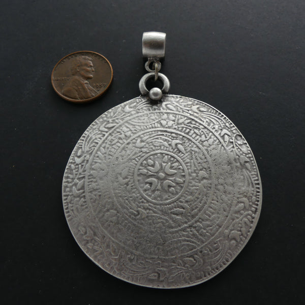Pendants, Large Turkish White Metal Round With Floral Designs & Large Bail, 52mm diameter