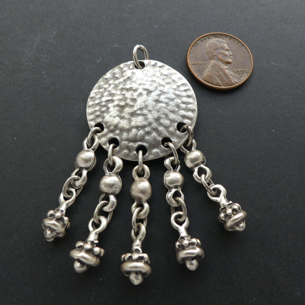 Pendants, Medium, Round "Hammered" Disk with Dangles, 2 inches long x 1 inch wide