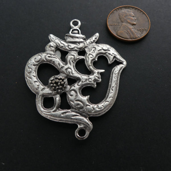 Pendant, Large Om Symbol with Textured Designs & Loops at Top & Bottom, 48mm Long