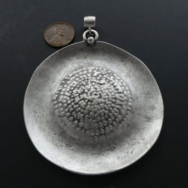 Pendant, Large Turkish White Metal Round, Curved & Textured, 3 inches diameter