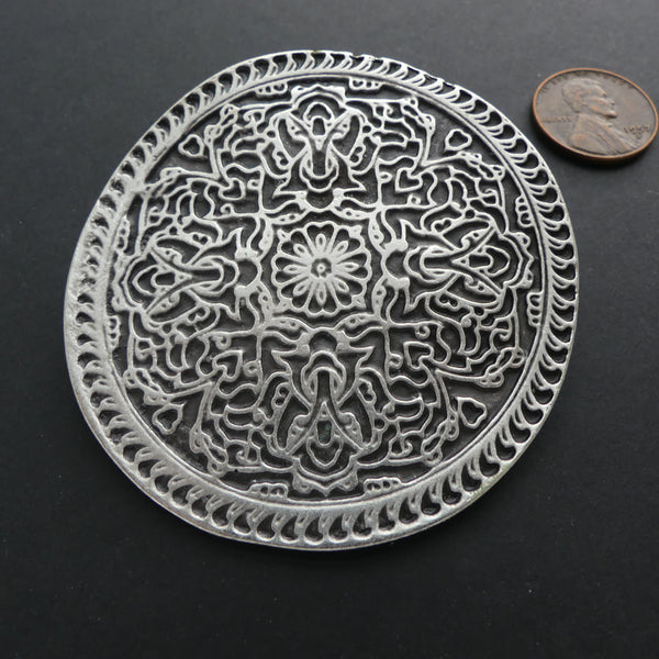 Pendants, Large Turkish White Metal, Round w/ Raised Decoration, Loop on Back, 2.5 inches Diameter