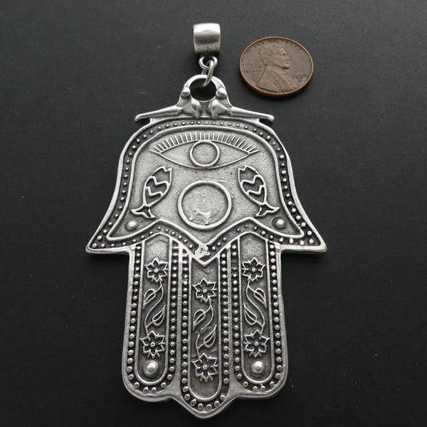 Pendants, Large Turkish White Metal, Hamsa with Eye & Fish, 3.5 inches long with Bail