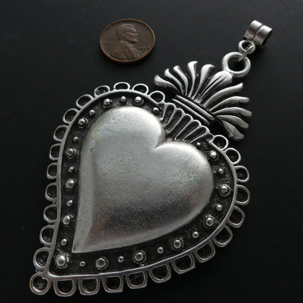 Pendants, Extra Large Turkish White Metal Sacred Heart Pendant, 4 inches long