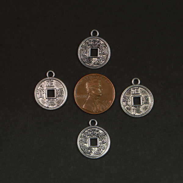 Charms, Silver Tone, Auspicious Dragon Coin, 18mm including Loop, Sold in Sets of 4