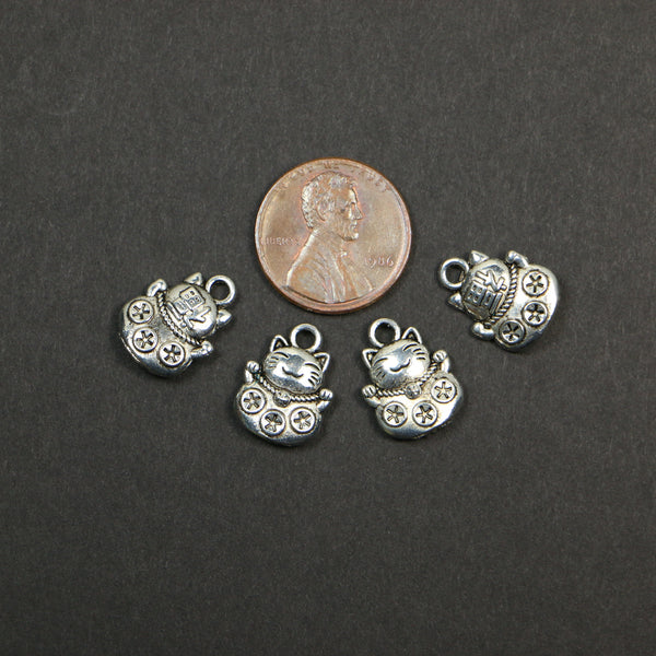 Charm, Silver Tone, Lucky Cat Charm, 15mm Tall including Loop, Sold in Sets of 4