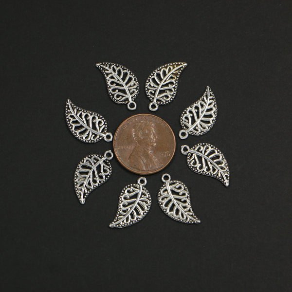 Charms, Silver Tone, Leaf Shape Openwork, 18mm Long Including Loop, Sold in Sets of 8