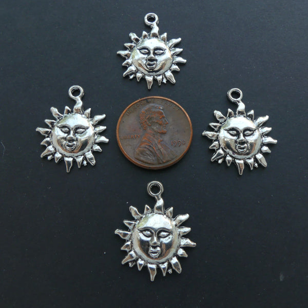 Charm, Cast Silver Tone Sun Face,  19mm Diameter, Sold in Sets of 4