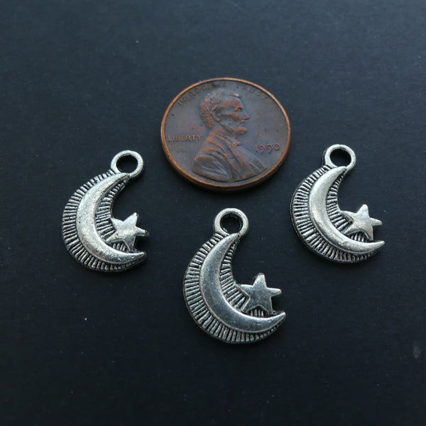 Charms, Cast Silver Tone Moon and Star Mini Pendant,  17mm Long, Sold in Sets of 3
