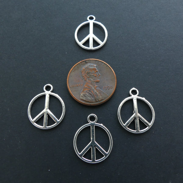 Pendant, Small Cast Silver Tone Peace Sign, 14mm Diameter, Set of 4