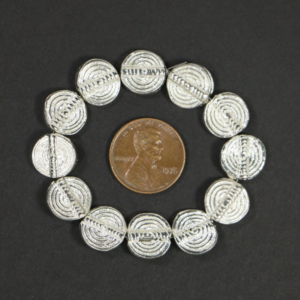 Cast, Indian Silver Plated Brass Discs w/ Ridges, Set of 12