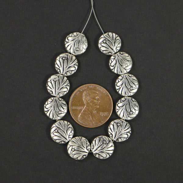 Cast Antiqued Silver-tone Coin Shape with Plant Details, 9mm Diameter, Sold in Sets of 12