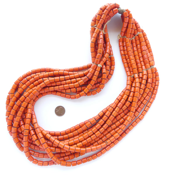 Naga Necklace, Vintage 10 Strand Konyak Necklace of Orange Beads, 33 inches Long